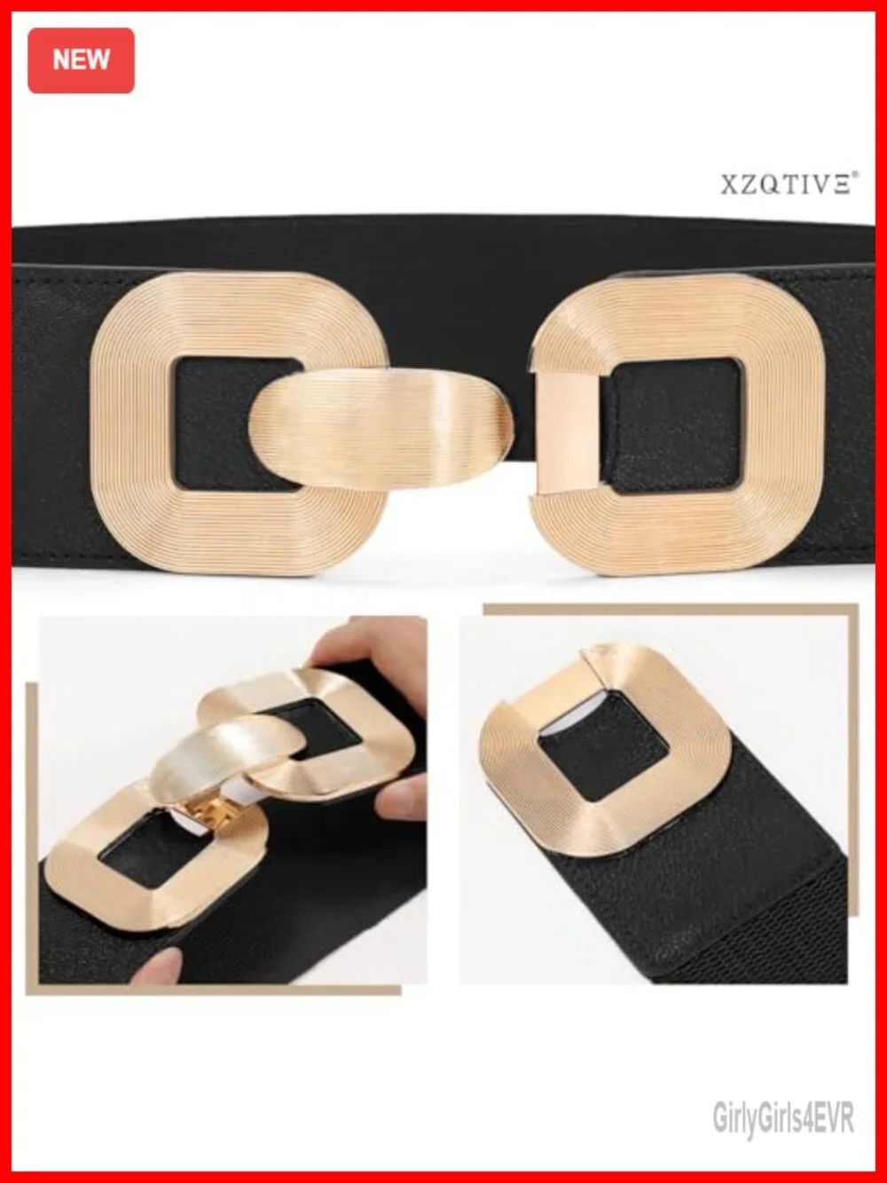 Wide Elastic Belt with Gold Metal Buckle - Stretchy Waist Belt for Dresses